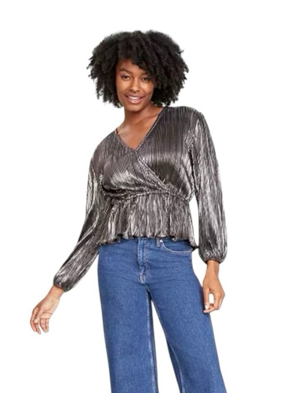 On 34th Plus Size 2X Gunmetal Pleated Faux Wrap Metallic Top NEW Peplum Chic